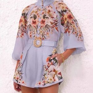 Designer-Style Floral Two-Piece Blouse and Shorts Blue